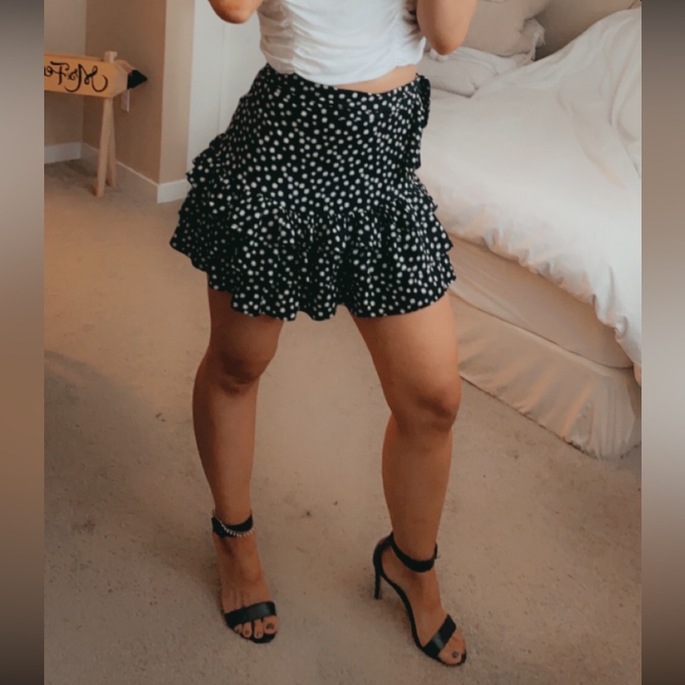 White Ruched Top and Black Polka Dot Skirt